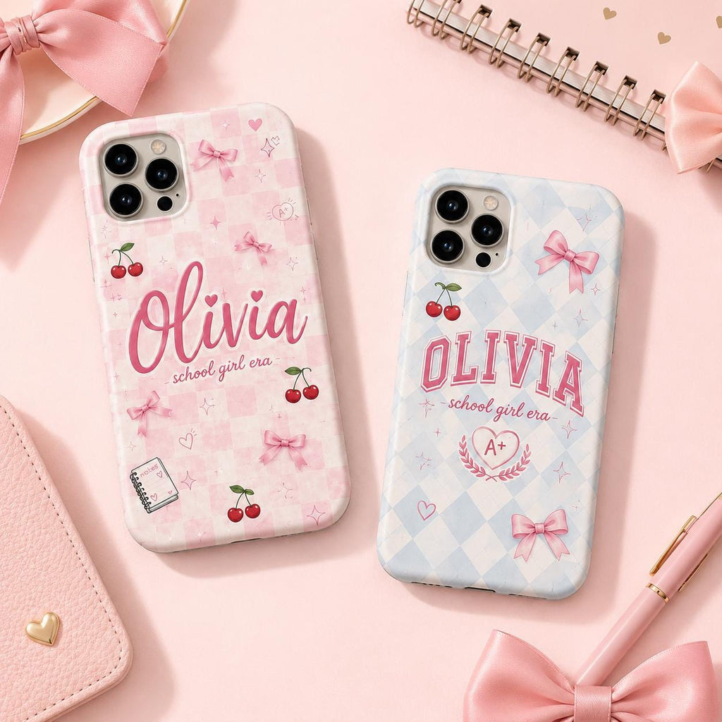 Personalized Name Phone Case, Pink Bow School Girl Era Design