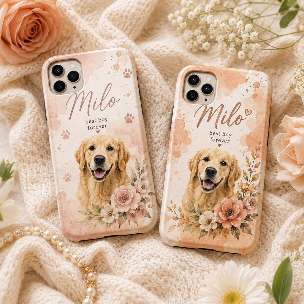 Personalized Pet Photo Phone Case, Custom Dog Portrait, Floral Memorial Gift