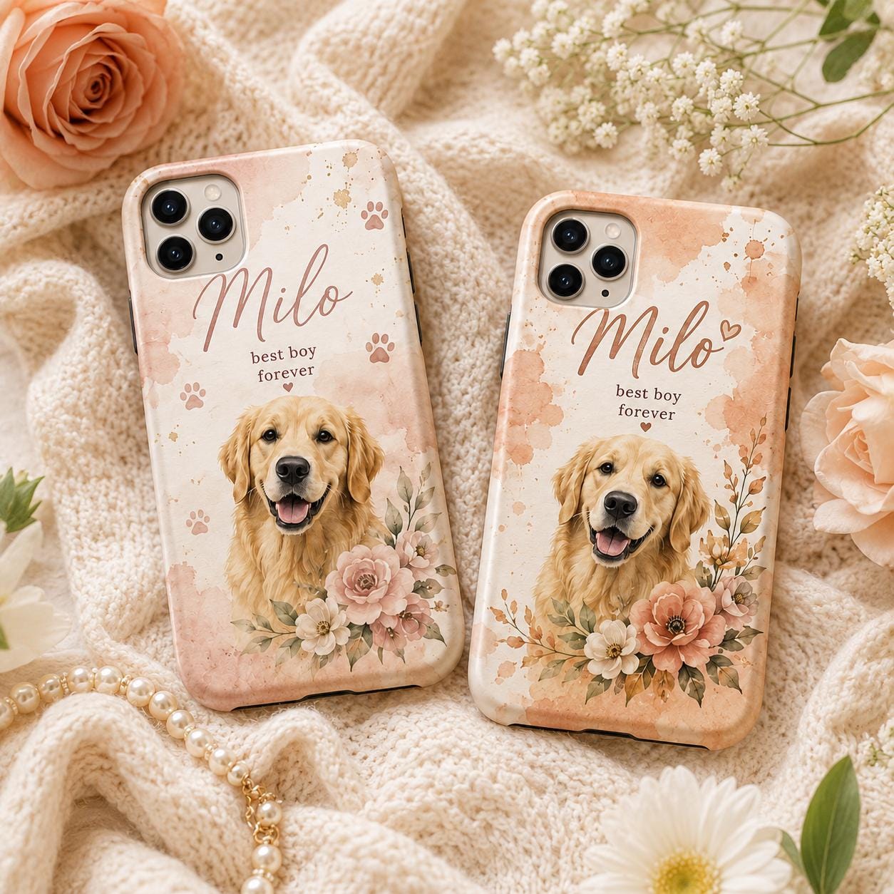 Personalized Pet Photo Phone Case, Custom Dog Portrait, Floral Memorial Gift