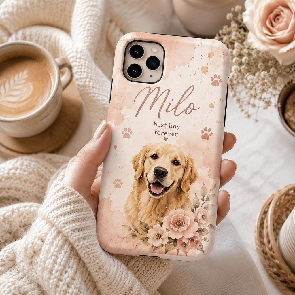 Personalized Pet Photo Phone Case, Custom Dog Portrait, Floral Memorial Gift