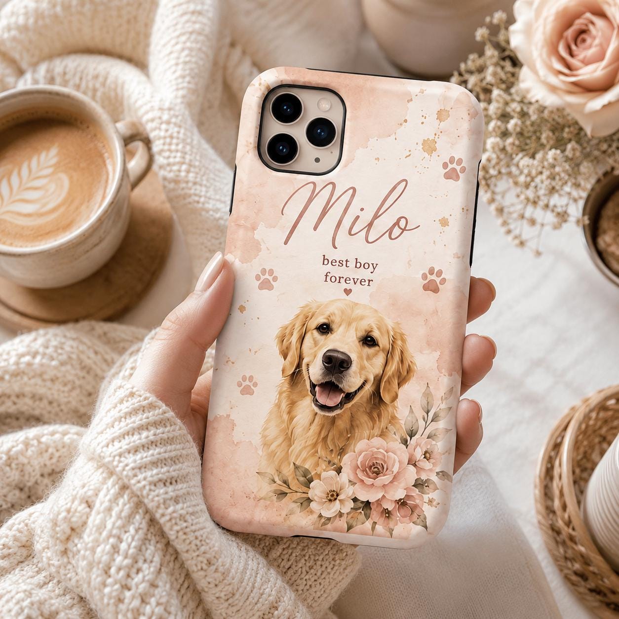 Personalized Pet Photo Phone Case, Custom Dog Portrait, Floral Memorial Gift