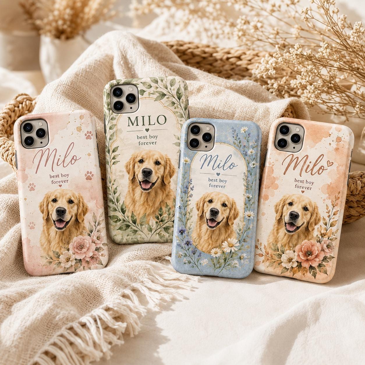 Personalized Pet Photo Phone Case, Custom Dog Portrait, Floral Memorial Gift