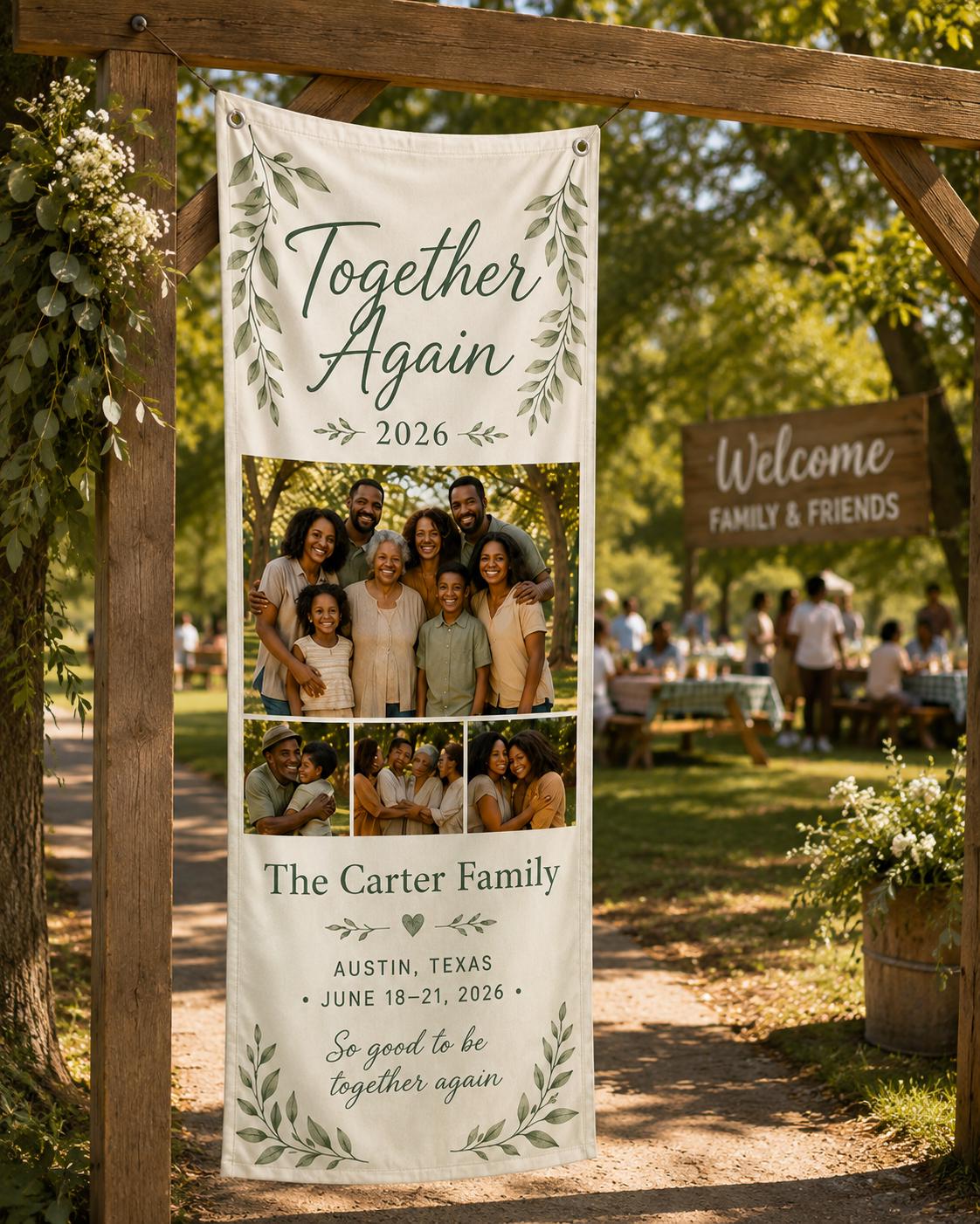 Together Again Family Reunion Banner, Personalized Photo Family Banner, Custom Satin Reunion Sign - product image 6