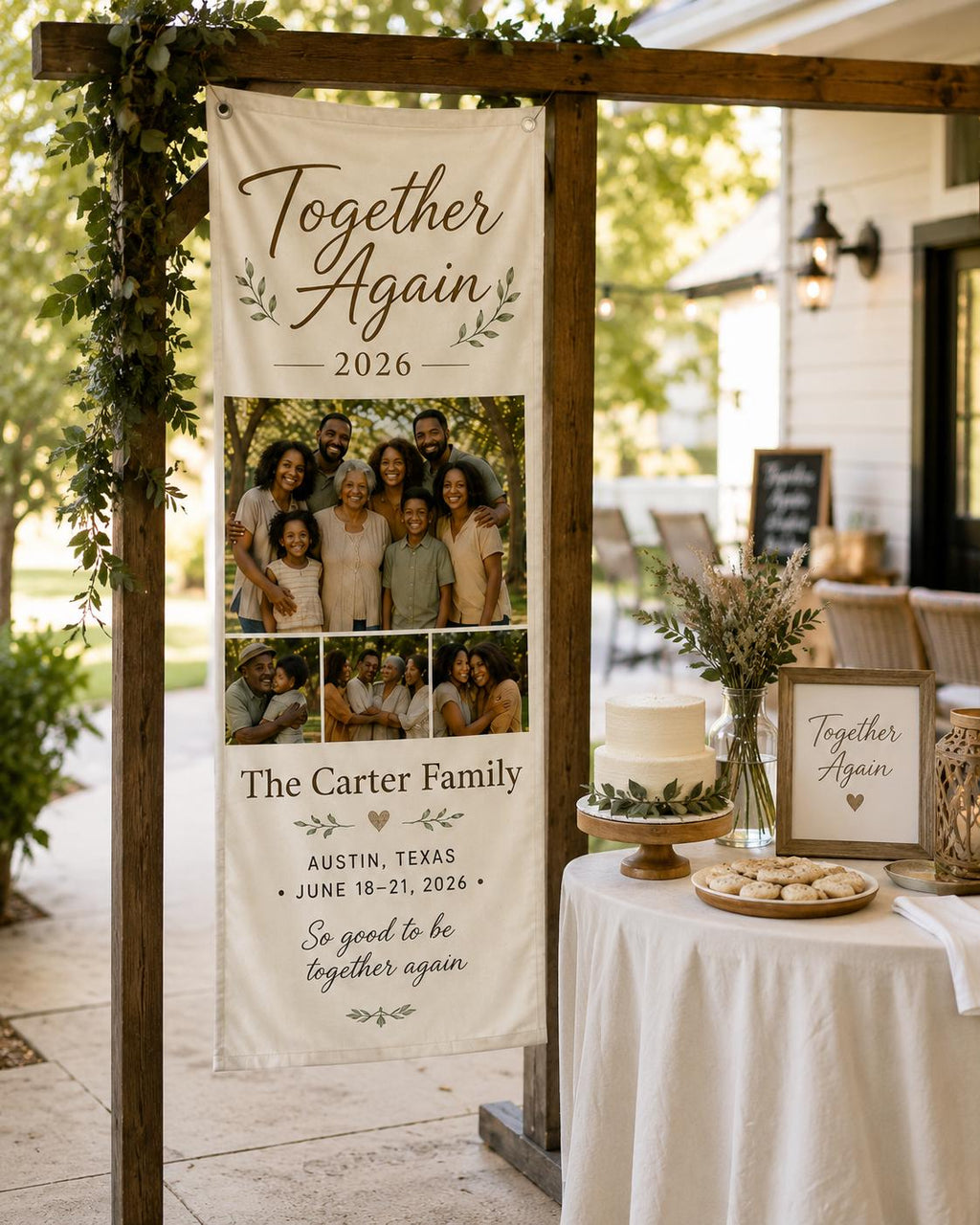 Together Again Family Reunion Banner, Personalized Photo Family Banner, Custom Satin Reunion Sign - product image 7