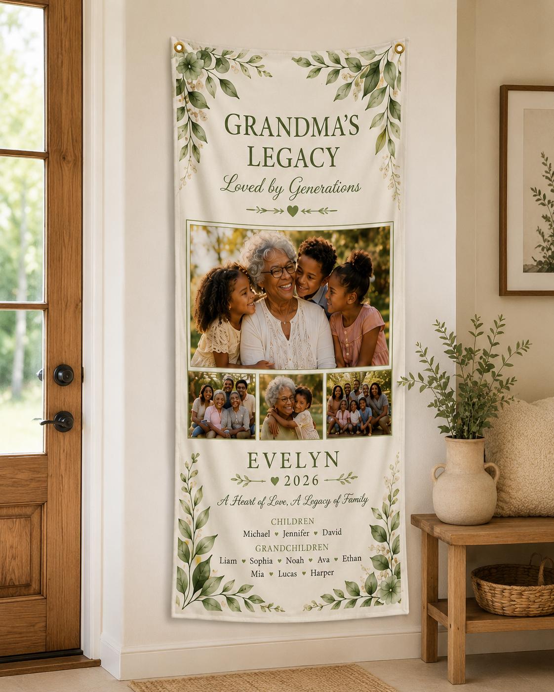 Grandma’s Legacy Family Banner, Personalized Photo Grandma Banner, Loved By Generations Satin Sign - product image 7