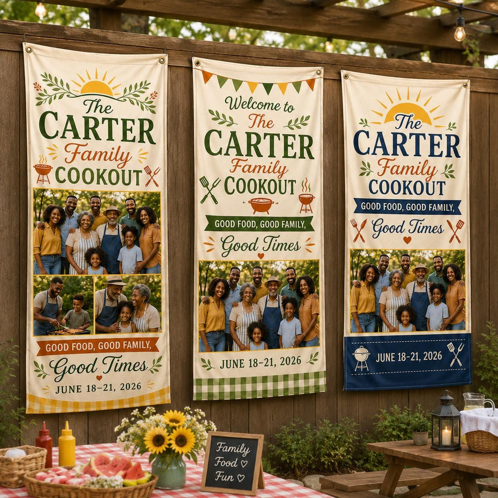 Family Cookout Banner, Personalized Photo Family Reunion Sign, Custom Satin BBQ Party Banner - product image 7