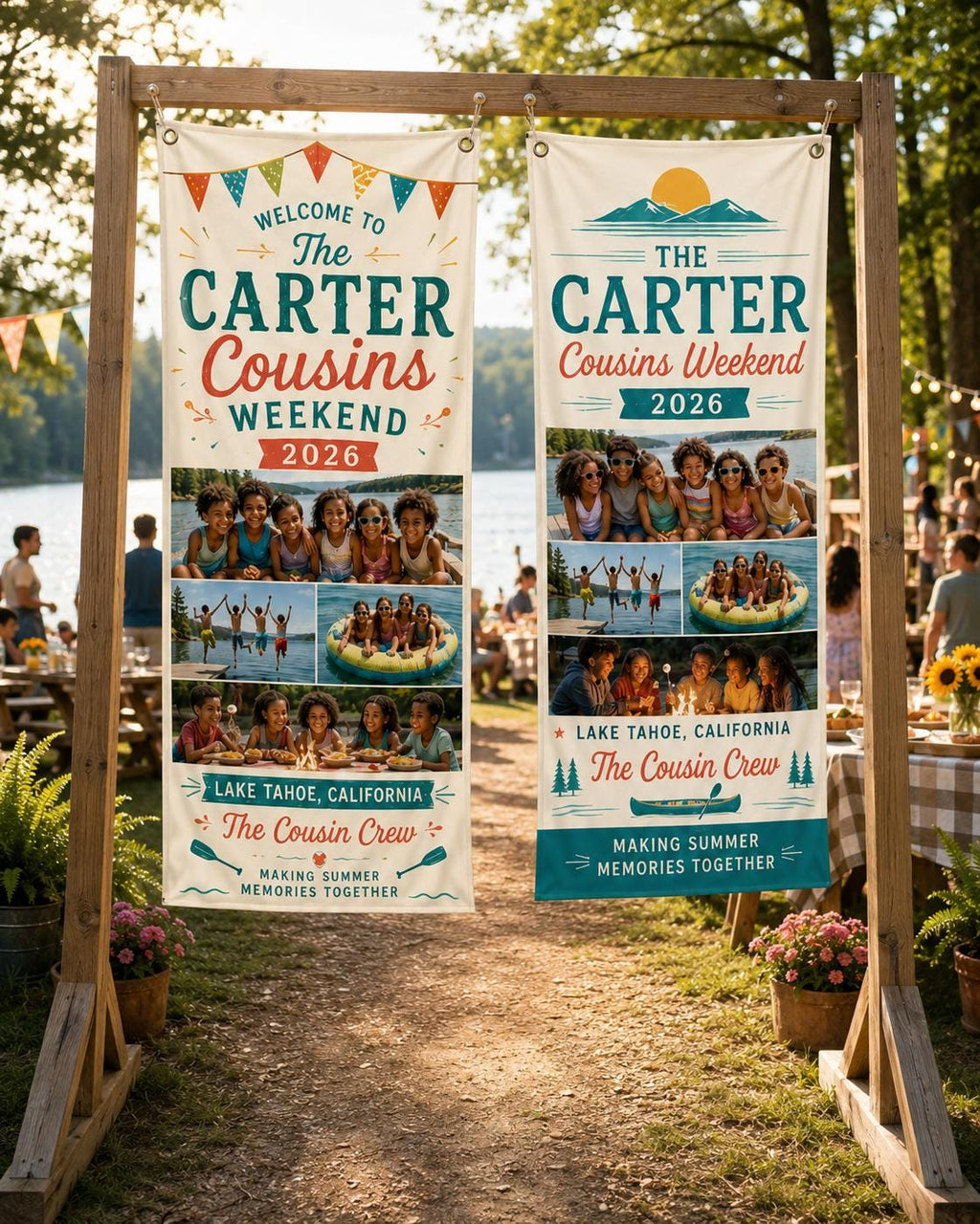 Cousins Weekend Banner, Personalized Photo Family Reunion Sign, Custom Satin Lake Trip Banner - product image 5
