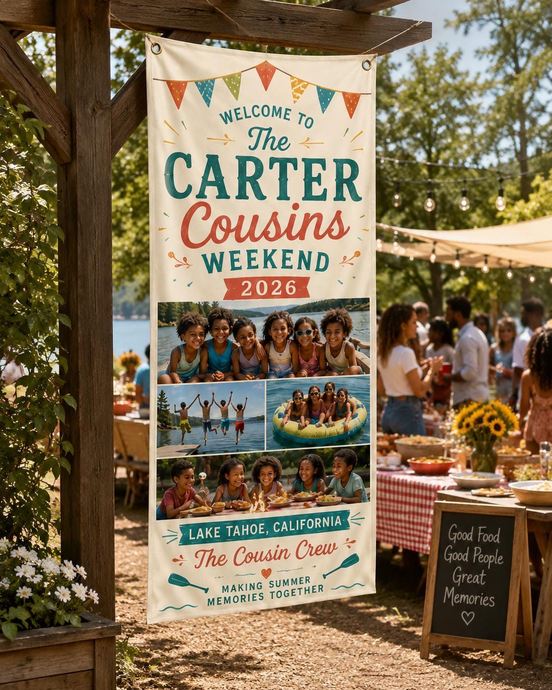 Cousins Weekend Banner, Personalized Photo Family Reunion Sign, Custom Satin Lake Trip Banner - product image 7