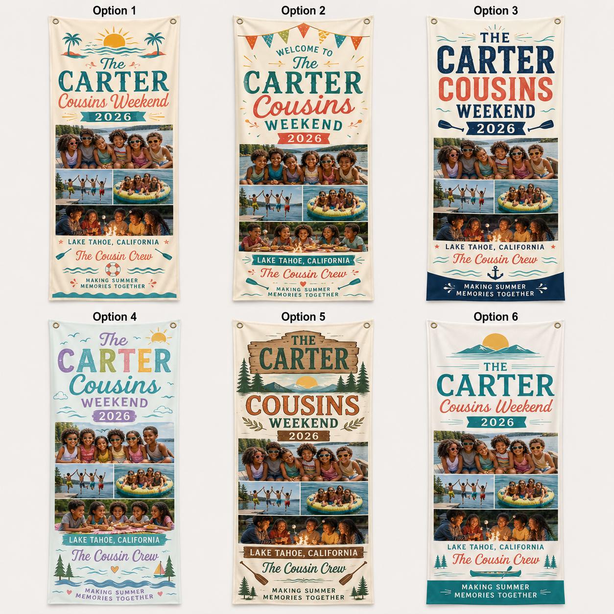 Cousins Weekend Banner, Personalized Photo Family Reunion Sign, Custom Satin Lake Trip Banner - product image 2