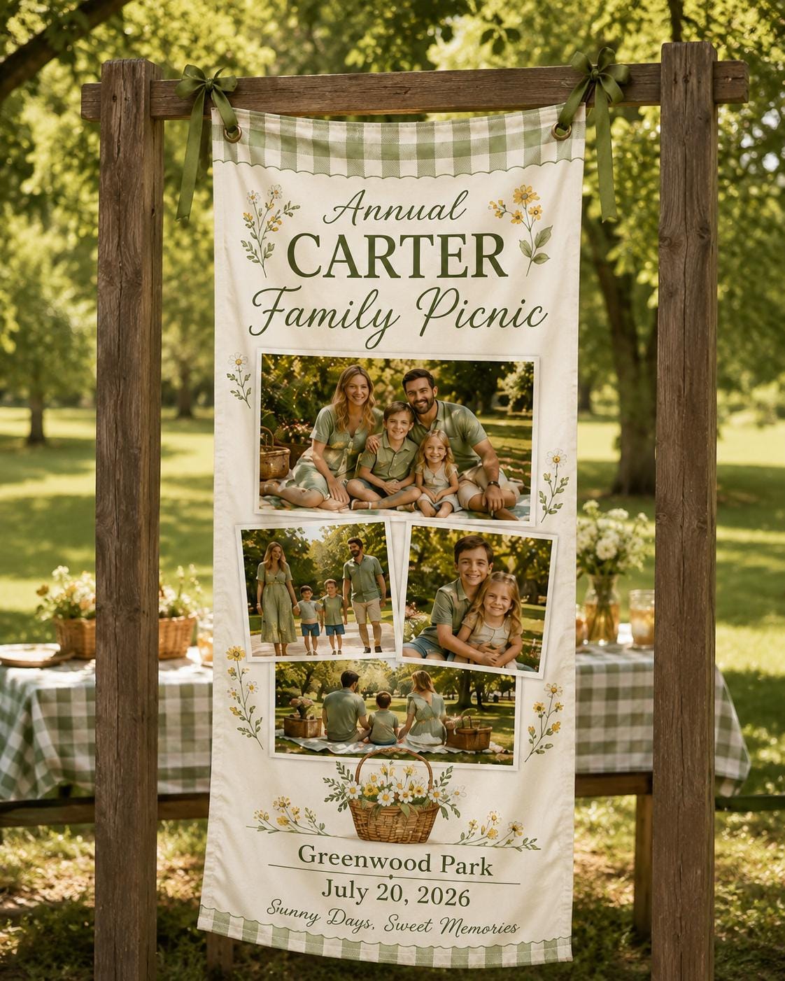 Family Picnic Banner, Personalized Photo Family Reunion Sign, Custom Satin Picnic Party Banner - product image 1