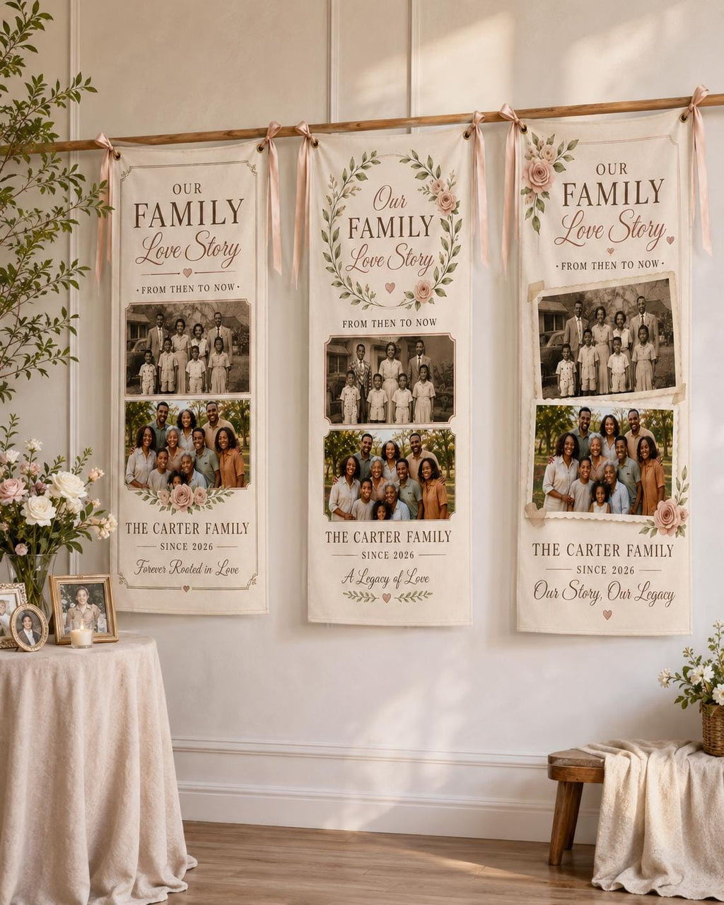 Our Family Love Story Banner, Personalized Then And Now Family Photo Banner, Custom Satin Sign - product image 4