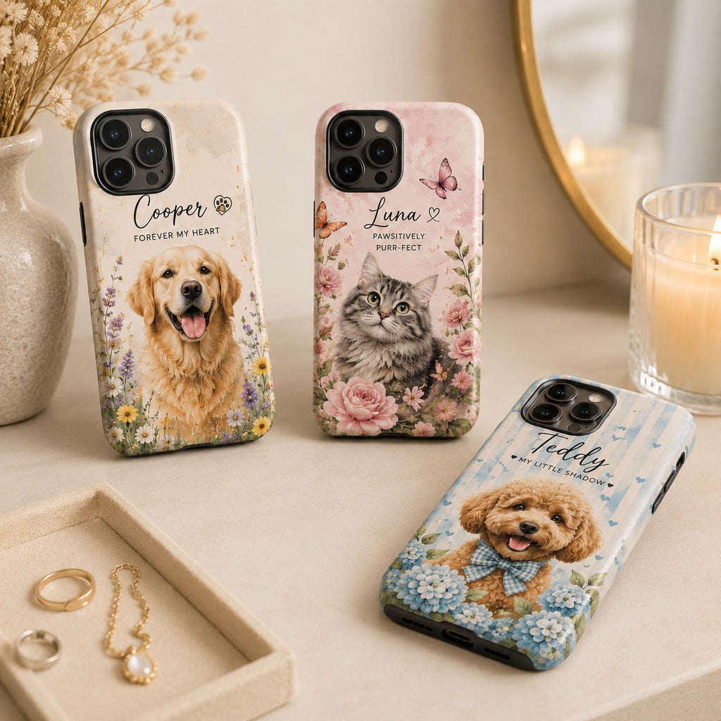 Custom Pet Portrait Phone Case, Personalized Dog Cat Photo, Floral Design