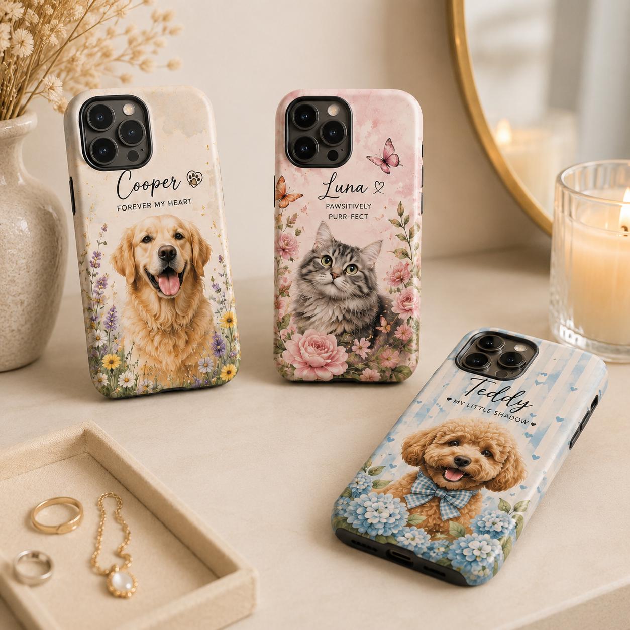Custom Pet Portrait Phone Case, Personalized Dog Cat Photo, Floral Design