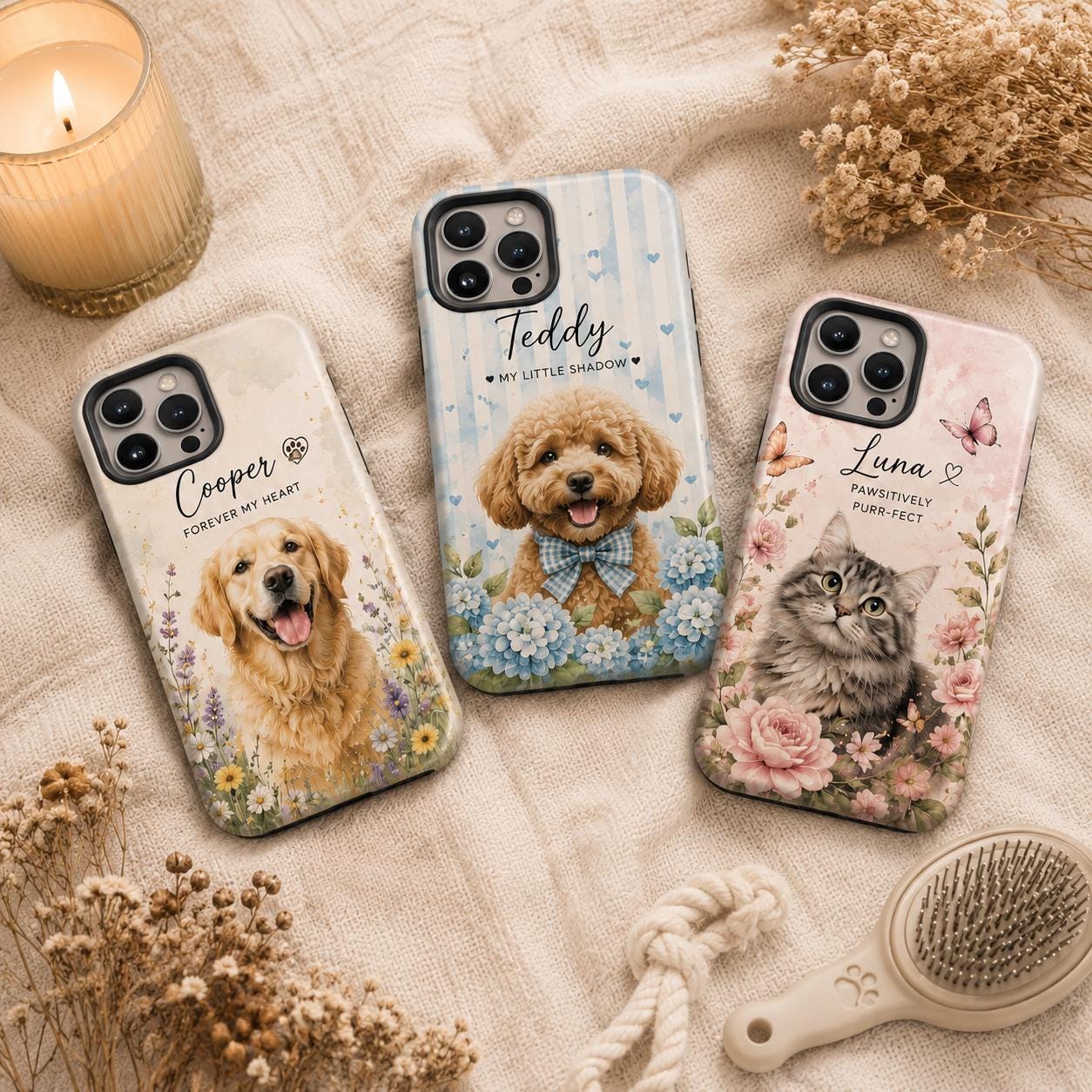 Custom Pet Portrait Phone Case, Personalized Dog Cat Photo, Floral Design