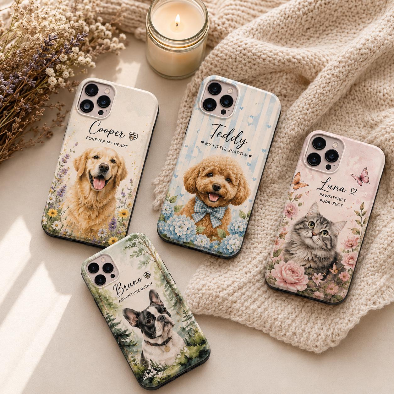 Custom Pet Portrait Phone Case, Personalized Dog Cat Photo, Floral Design