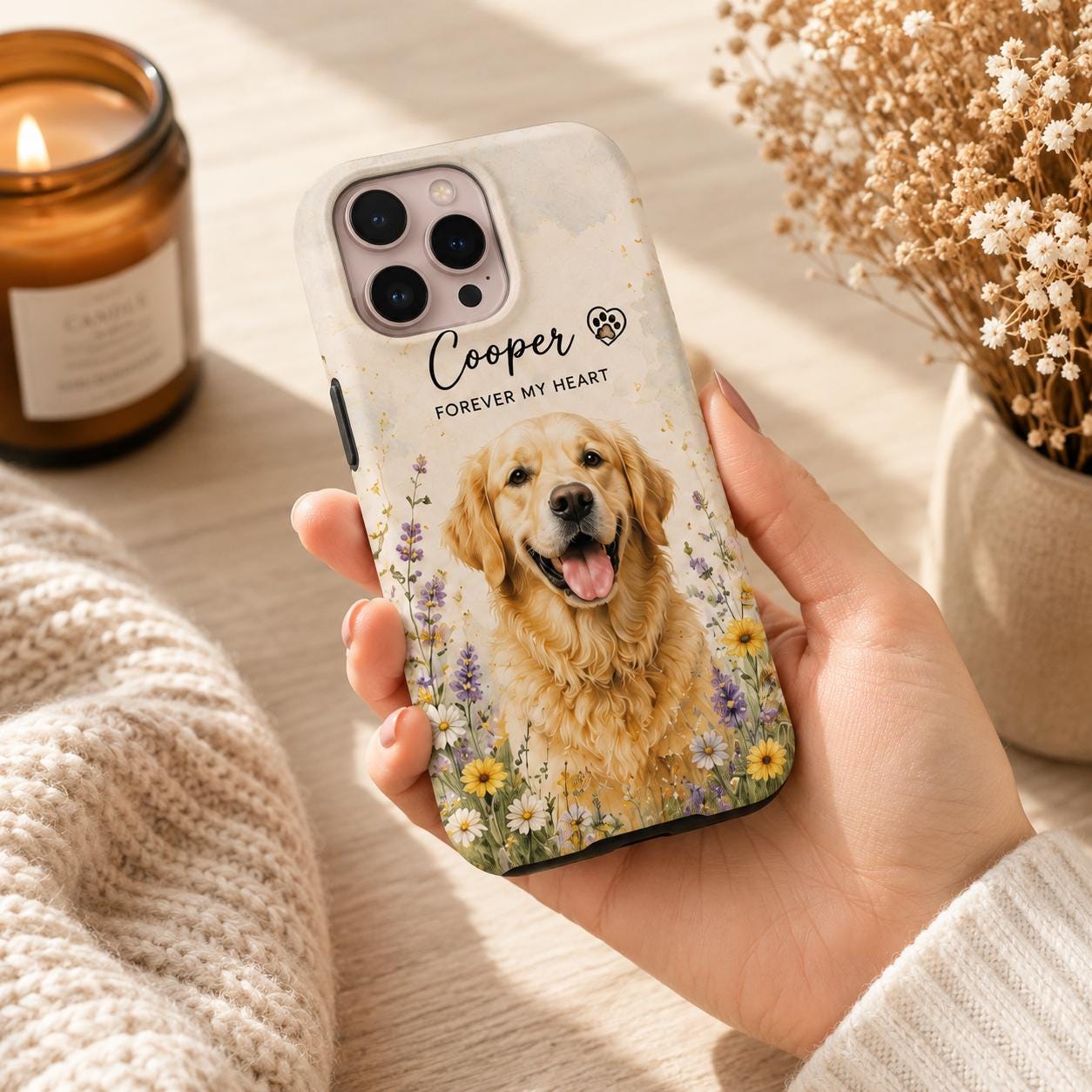 Custom Pet Portrait Phone Case, Personalized Dog Cat Photo, Floral Design