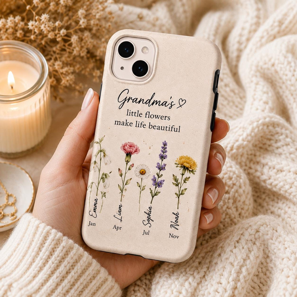 Personalized Birth Flower Phone Case for Grandma, Custom Grandkids Names Floral Gift