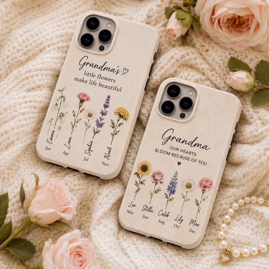 Personalized Birth Flower Phone Case for Grandma, Custom Grandkids Names Floral Gift