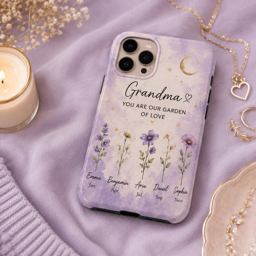 Personalized Birth Flower Phone Case for Grandma, Custom Grandkids Names Floral Gift