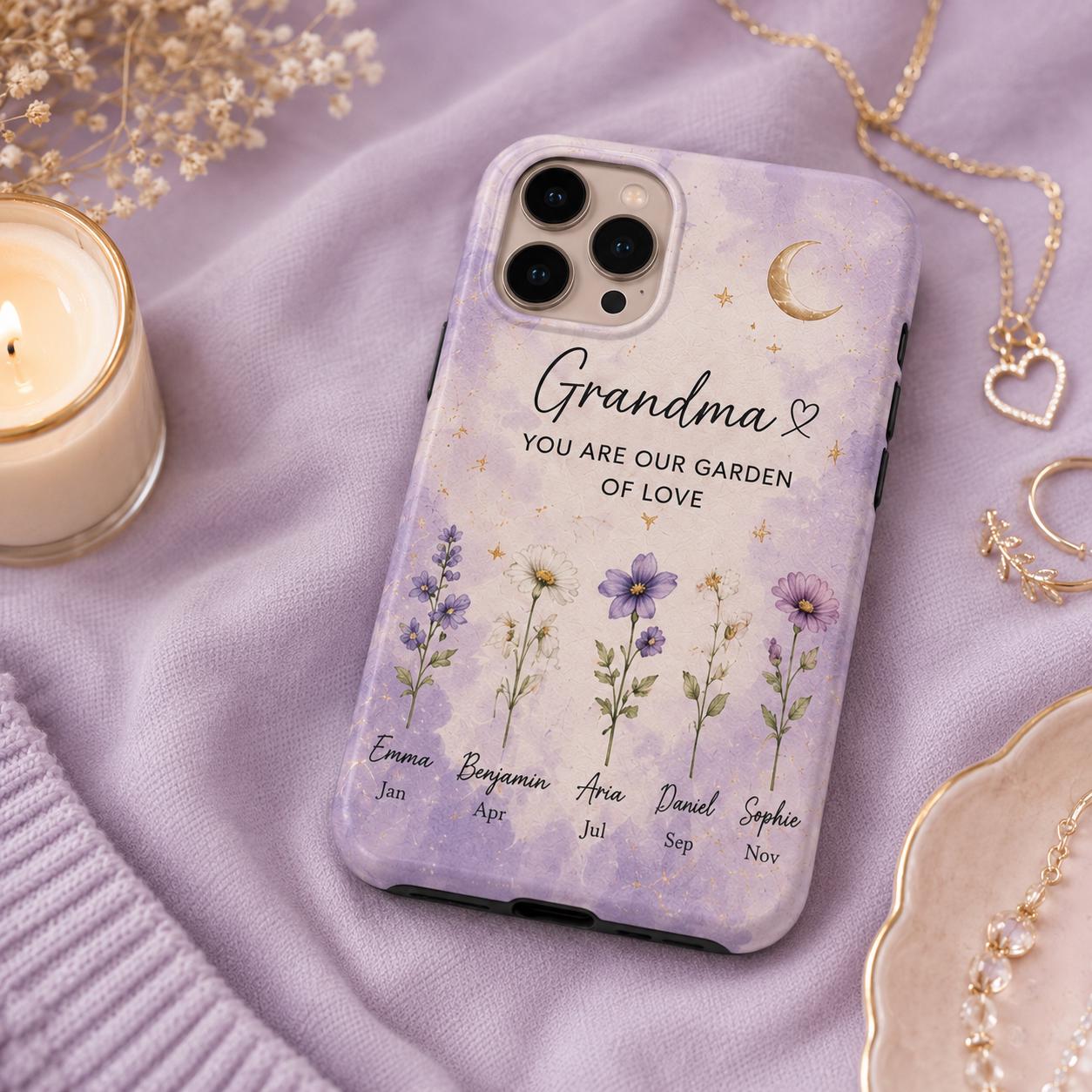 Personalized Birth Flower Phone Case for Grandma, Custom Grandkids Names Floral Gift