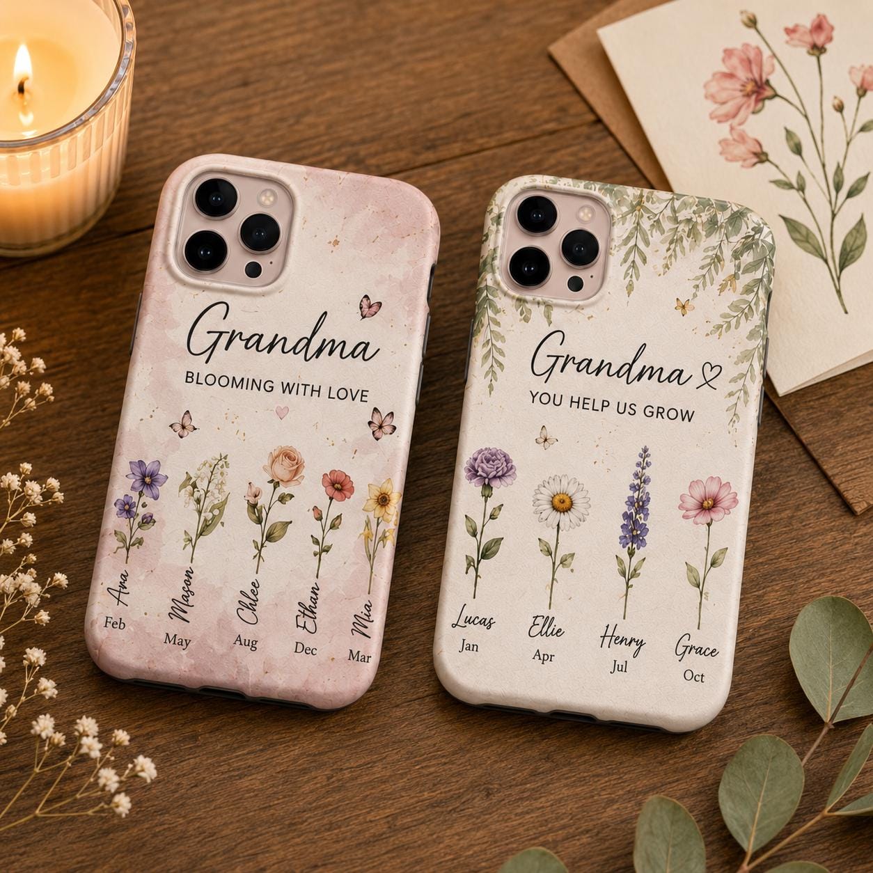 Personalized Birth Flower Phone Case for Grandma, Custom Grandkids Names Floral Gift