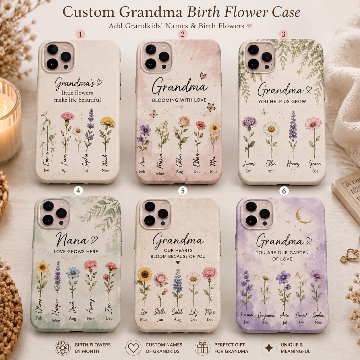 Personalized Birth Flower Phone Case for Grandma, Custom Grandkids Names Floral Gift