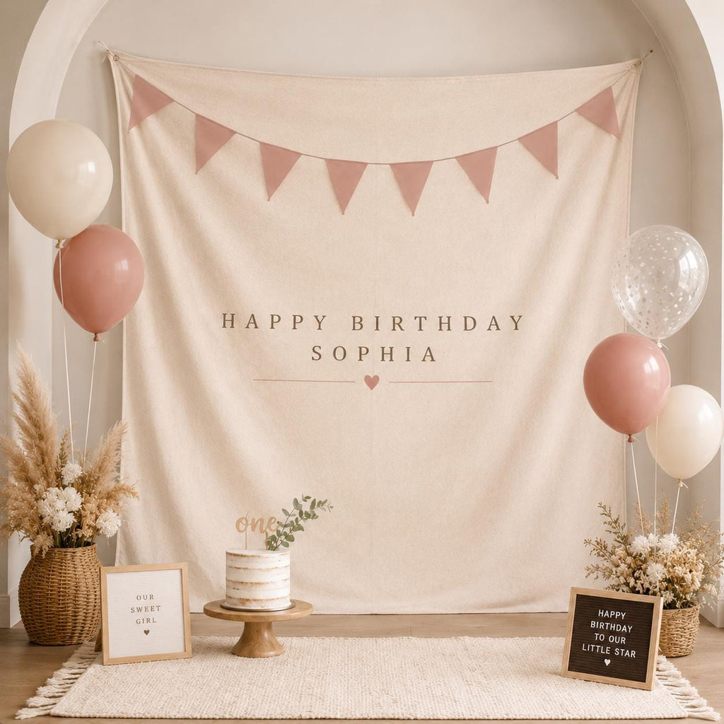 Personalized Linen Birthday Backdrop, Neutral Boho Party Decor, Custom Name Banner - product image 6