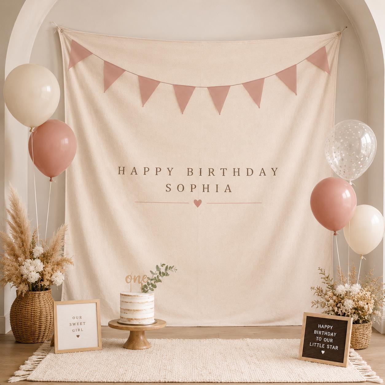 Personalized Linen Birthday Backdrop, Neutral Boho Party Decor, Custom Name Banner - product image 6