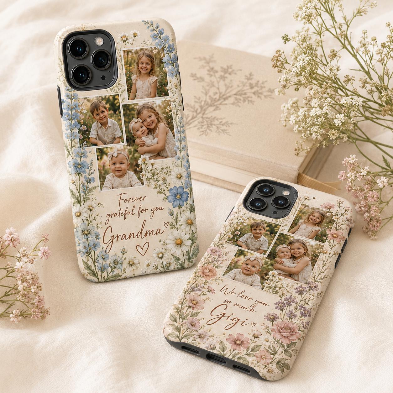 Personalized Grandma Photo Phone Case, Custom Grandkids Collage Tough Case, Floral Gift For Grandma