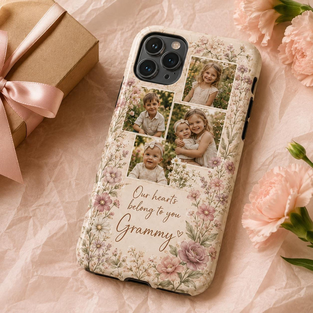 Personalized Grandma Photo Phone Case, Custom Grandkids Collage Tough Case, Floral Gift For Grandma