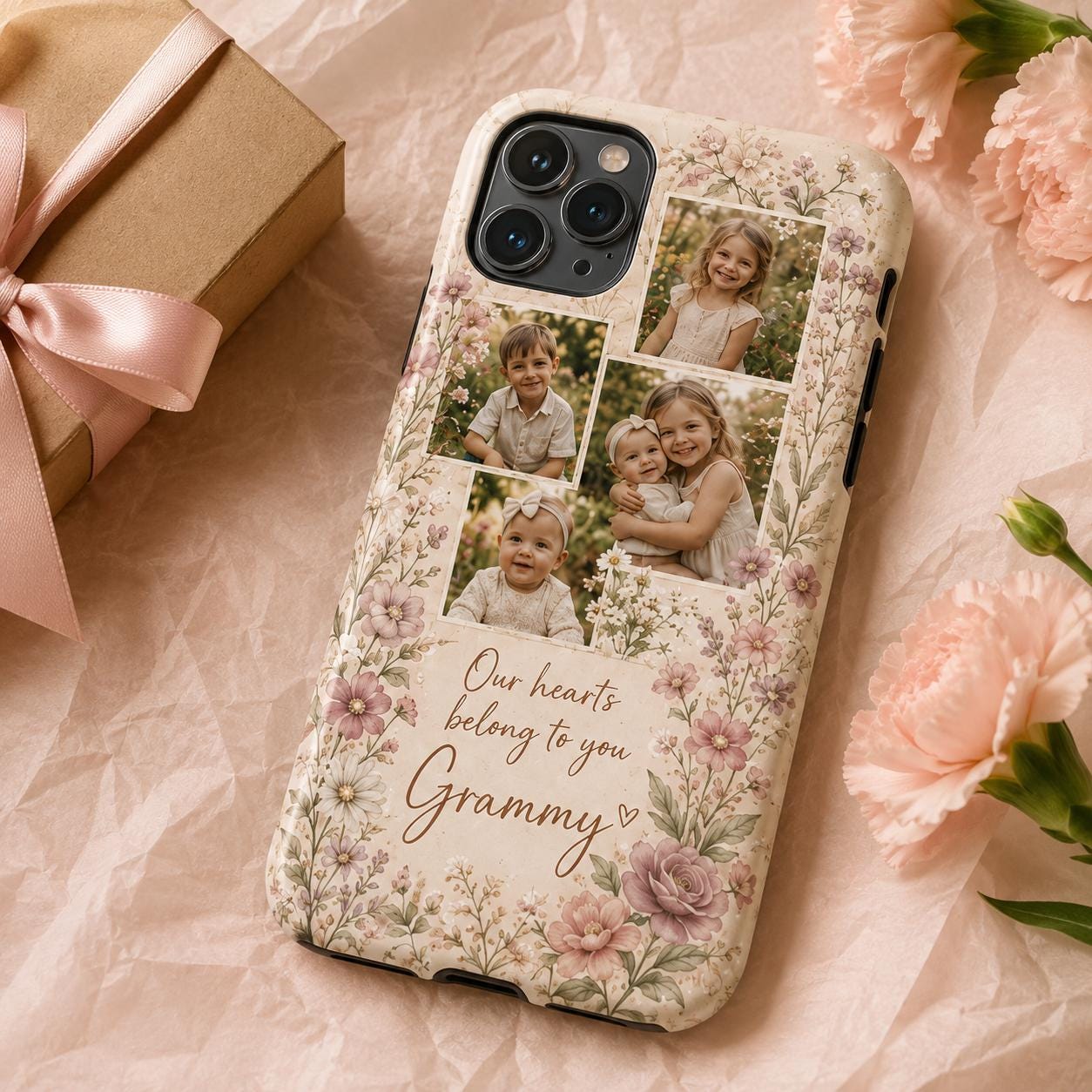Personalized Grandma Photo Phone Case, Custom Grandkids Collage Tough Case, Floral Gift For Grandma