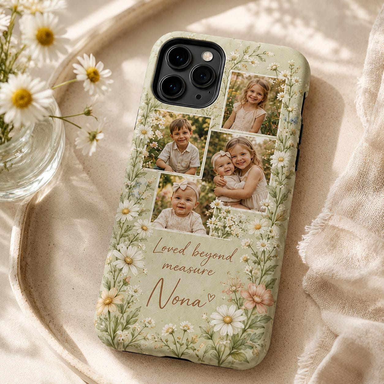 Personalized Grandma Photo Phone Case, Custom Grandkids Collage Tough Case, Floral Gift For Grandma