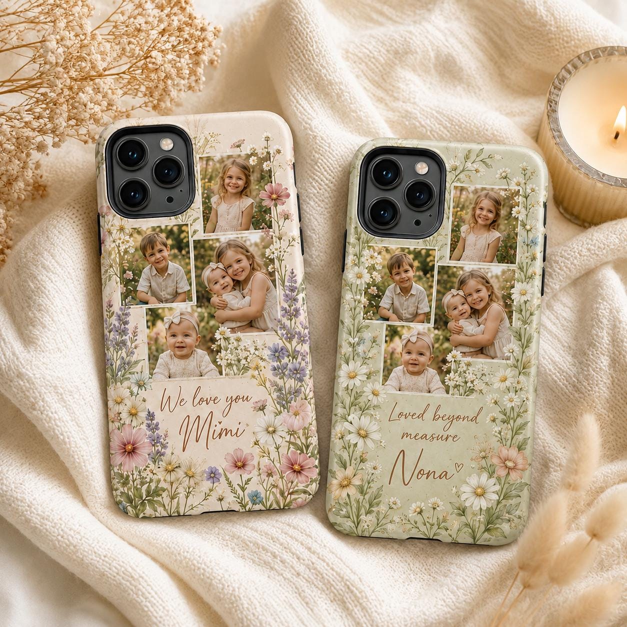 Personalized Grandma Photo Phone Case, Custom Grandkids Collage Tough Case, Floral Gift For Grandma