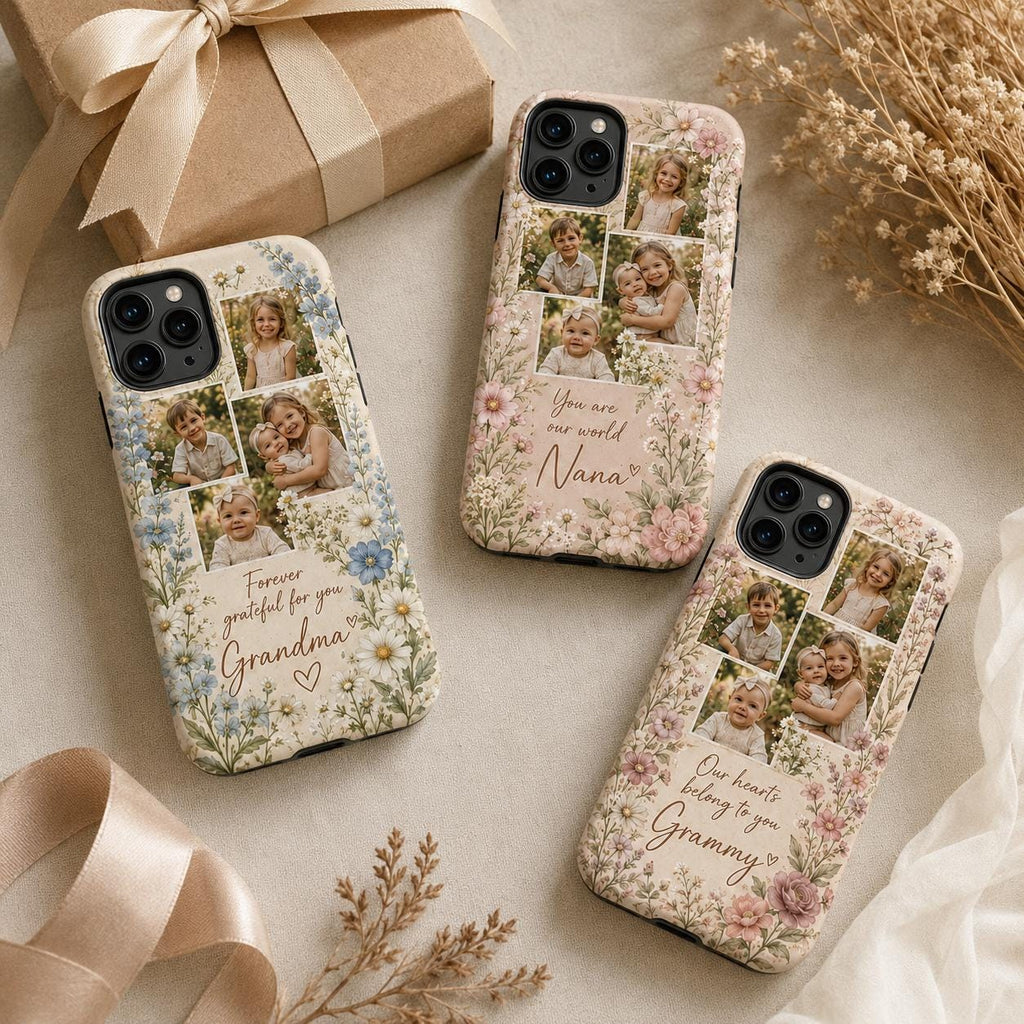 Personalized Grandma Photo Phone Case, Custom Grandkids Collage Tough Case, Floral Gift For Grandma