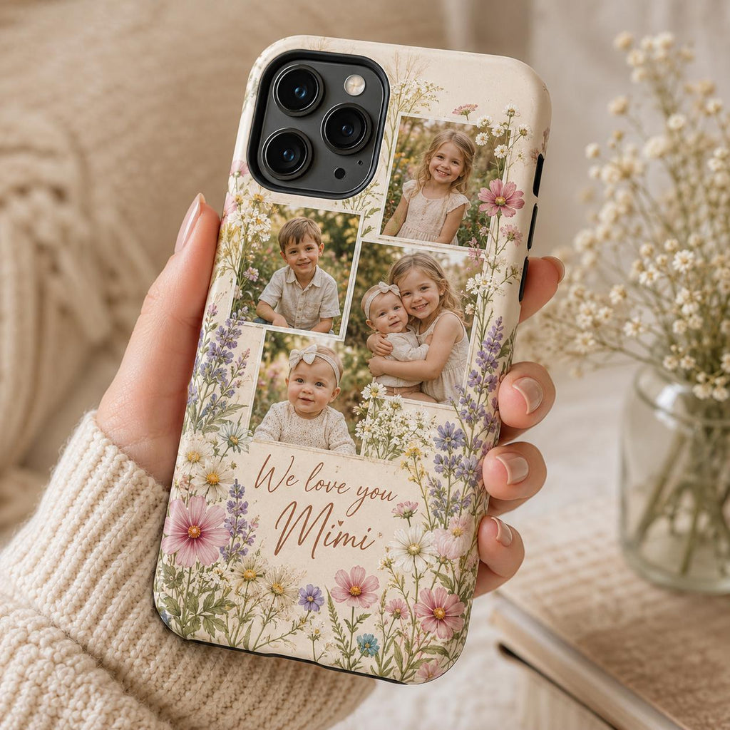 Personalized Grandma Photo Phone Case, Custom Grandkids Collage Tough Case, Floral Gift For Grandma