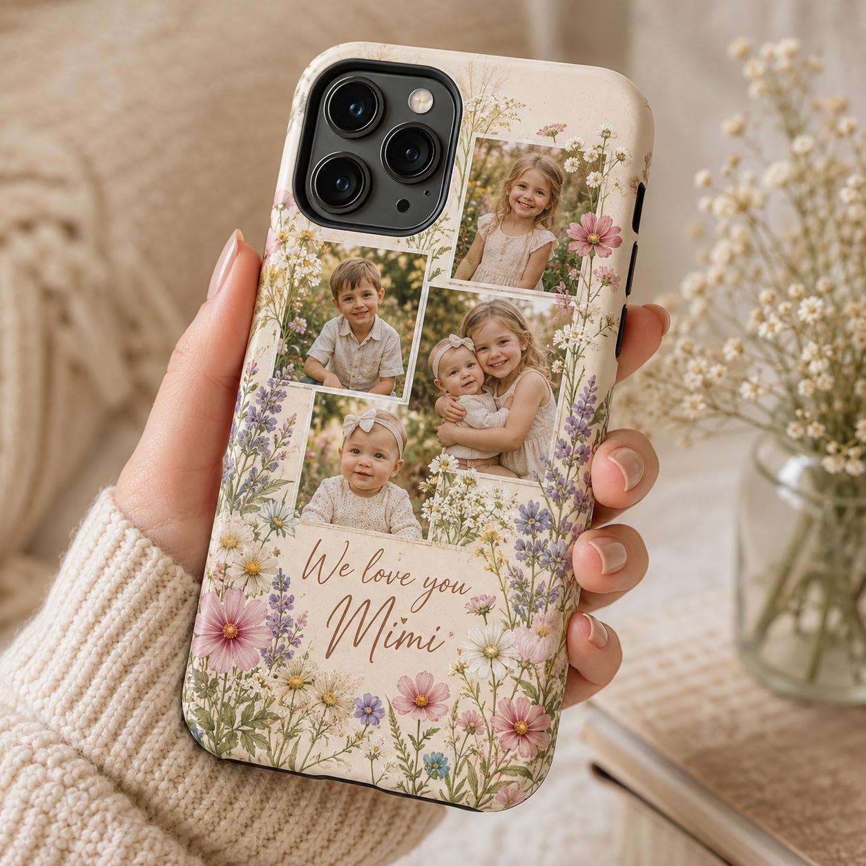Personalized Grandma Photo Phone Case, Custom Grandkids Collage Tough Case, Floral Gift For Grandma