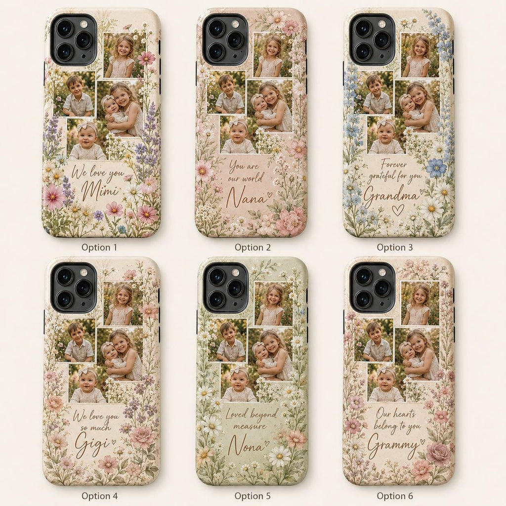 Personalized Grandma Photo Phone Case, Custom Grandkids Collage Tough Case, Floral Gift For Grandma