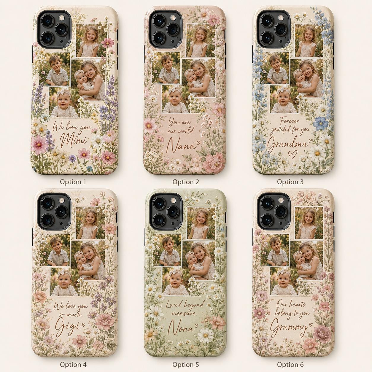 Personalized Grandma Photo Phone Case, Custom Grandkids Collage Tough Case, Floral Gift For Grandma