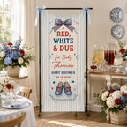 Red White and Due Baby Shower Banner, Personalized Patriotic Fabric Backdrop – product photo 5