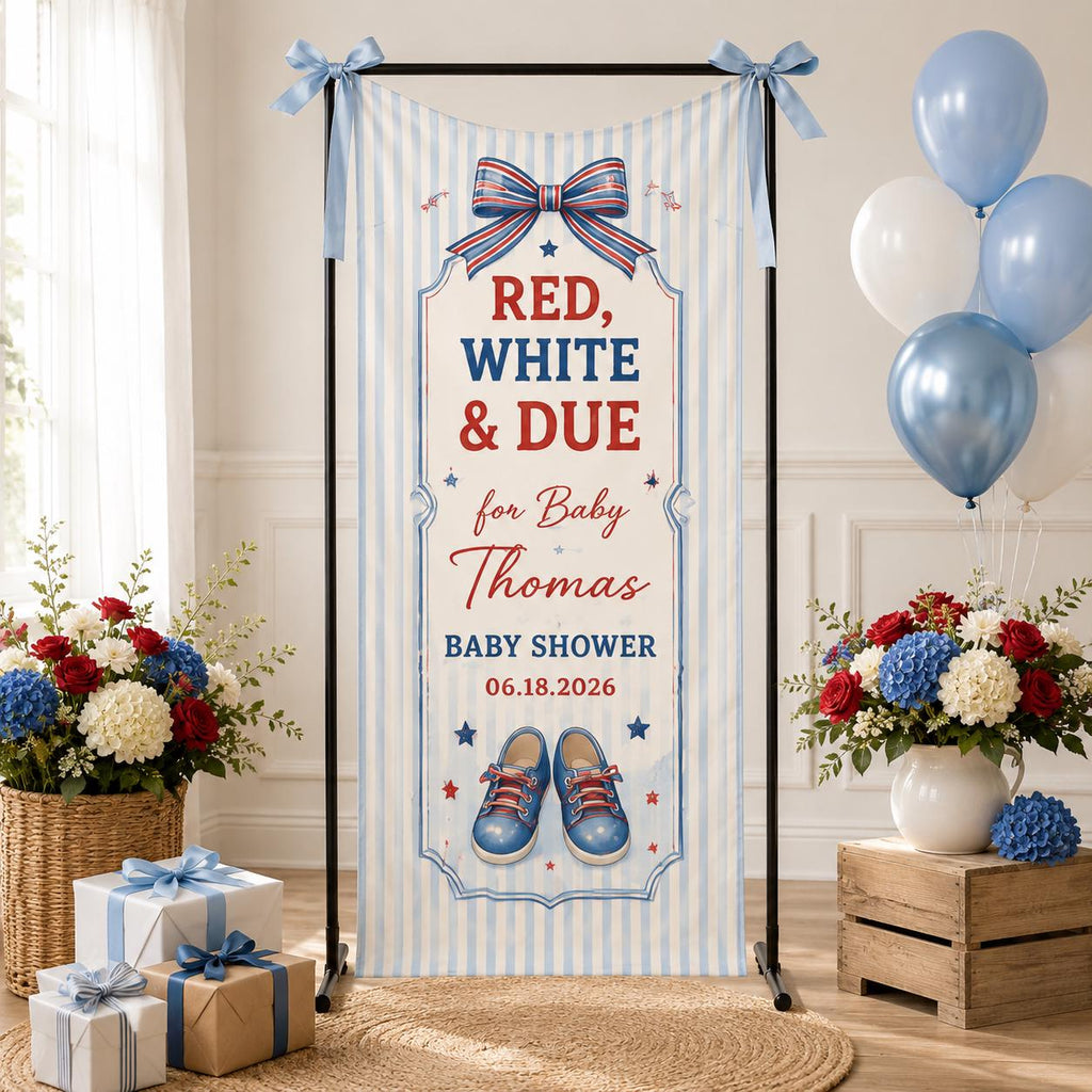 Red White and Due Baby Shower Banner, Personalized Patriotic Fabric Backdrop - product image 4