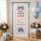 Red White and Due Baby Shower Banner, Personalized Patriotic Fabric Backdrop – product photo 4