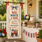 Red White and Due Baby Shower Banner, Personalized Patriotic Fabric Backdrop – product photo 6