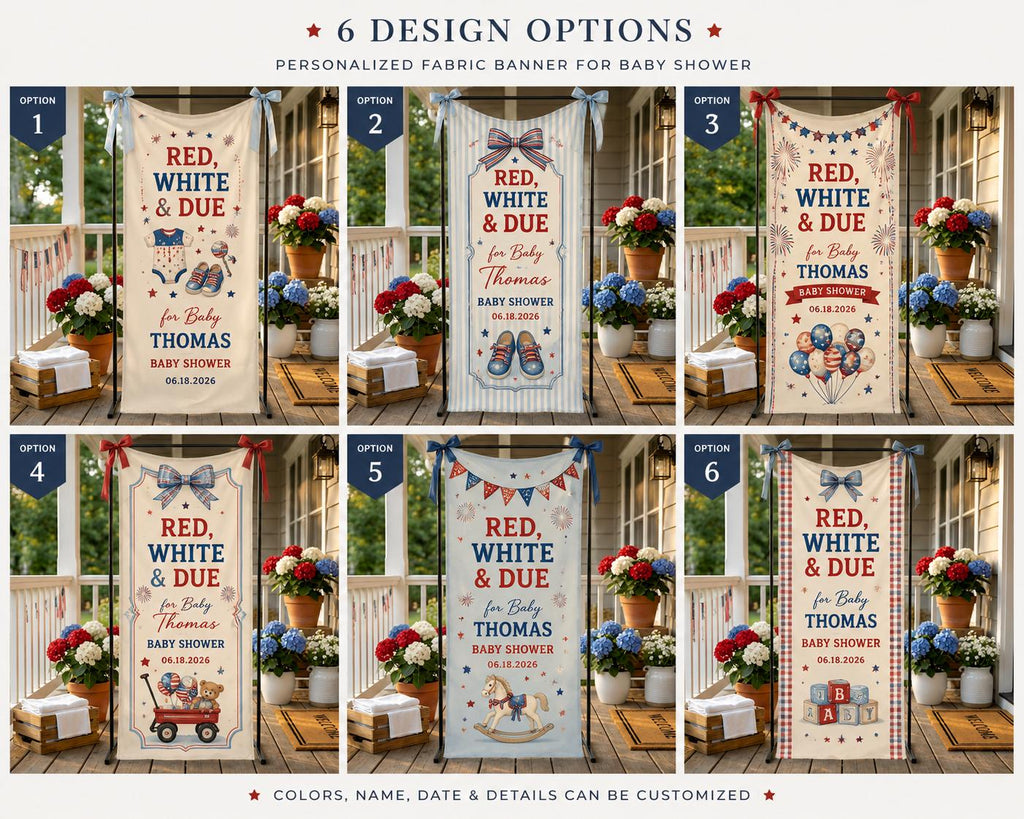 Red White and Due Baby Shower Banner, Personalized Patriotic Fabric Backdrop - product image 2