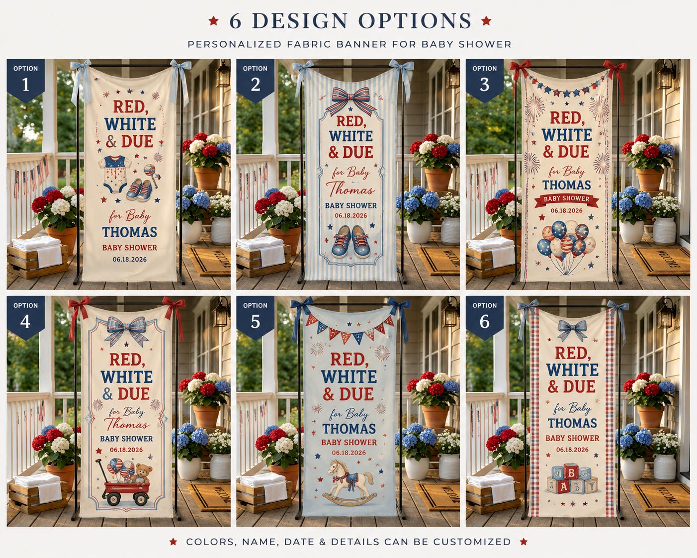 Red White and Due Baby Shower Banner, Personalized Patriotic Fabric Backdrop - product image 2