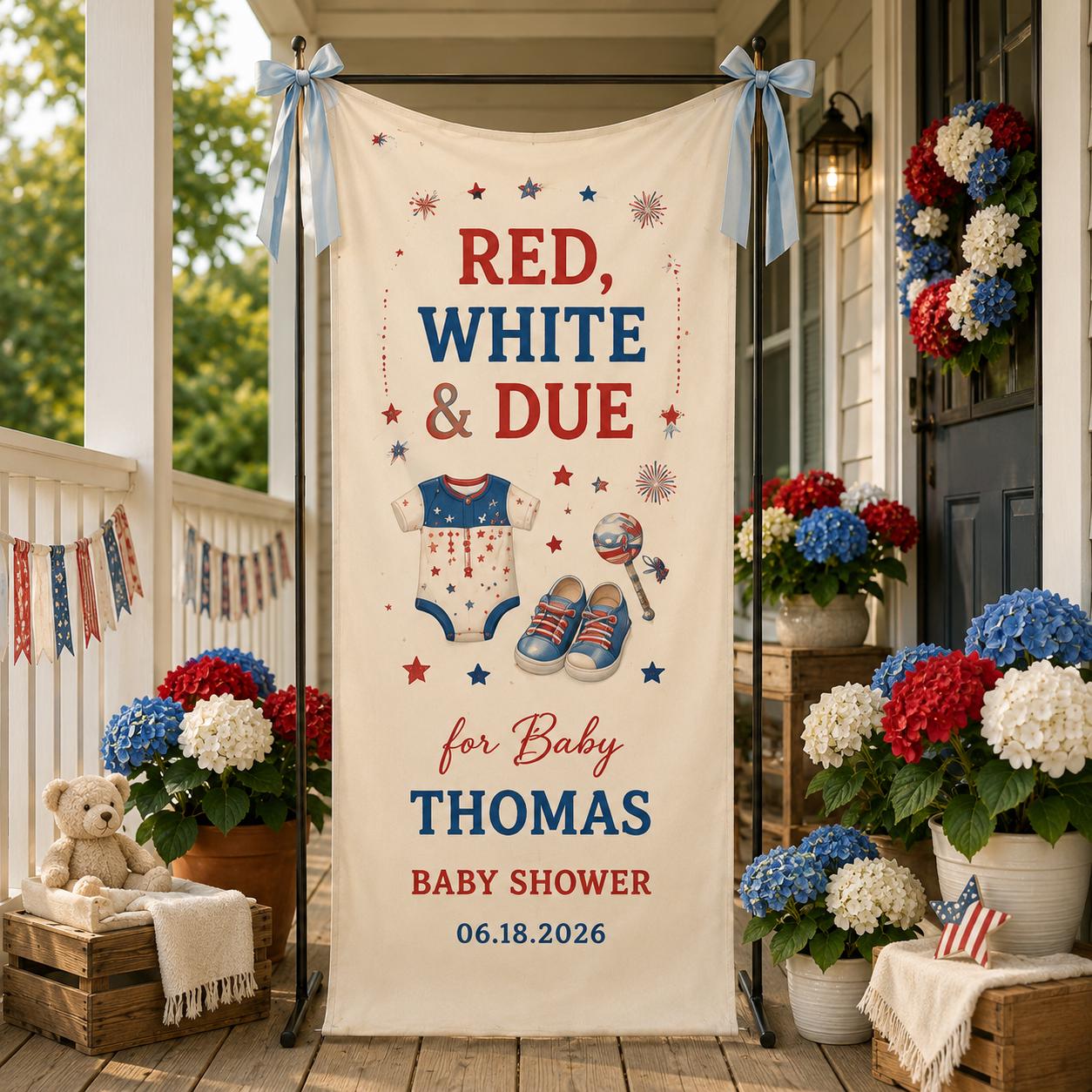 Red White and Due Baby Shower Banner, Personalized Patriotic Fabric Backdrop - product image 10