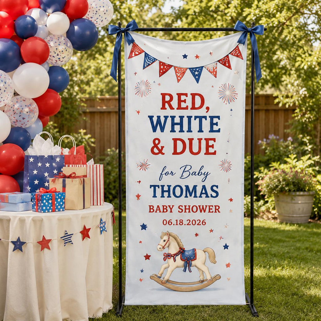 Red White and Due Baby Shower Banner, Personalized Patriotic Fabric Backdrop - product image 1