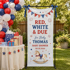 Red White and Due Baby Shower Banner, Personalized Patriotic Fabric Backdrop – main product view