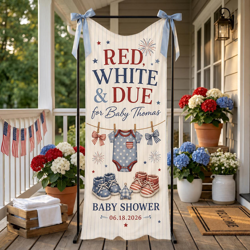 Red White and Due Baby Shower Banner, Personalized Patriotic Fabric Backdrop - product image 1