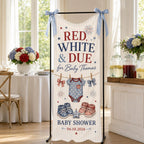 Red White and Due Baby Shower Banner, Personalized Patriotic Fabric Backdrop – product photo 4