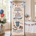 Patriotic Baby Shower Banner, Stars Stripes Baby Kicks Backdrop, Custom Name Decor - product image 1
